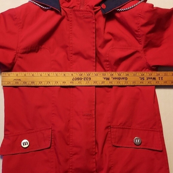 ST JOHNS BAY Womens Red Navy Blue Hooded Raincoat‎ Jacket Nautical Small - Picture 7 of 10